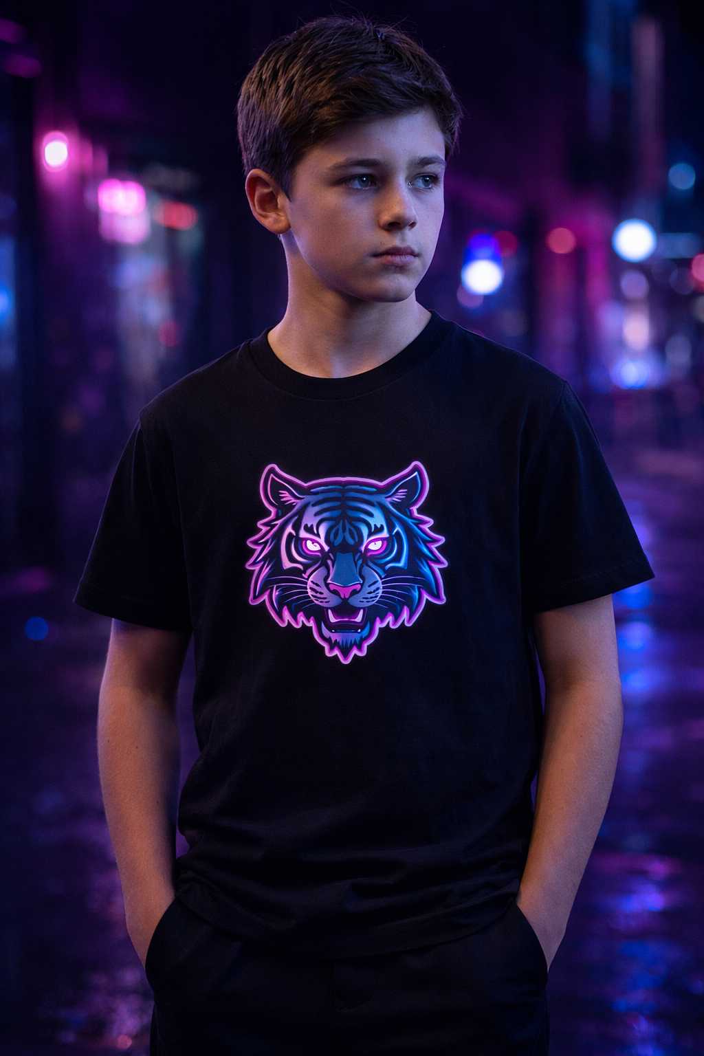 D116-Youth classic tee - Cyberpunk tiger face, gaming mascot style
