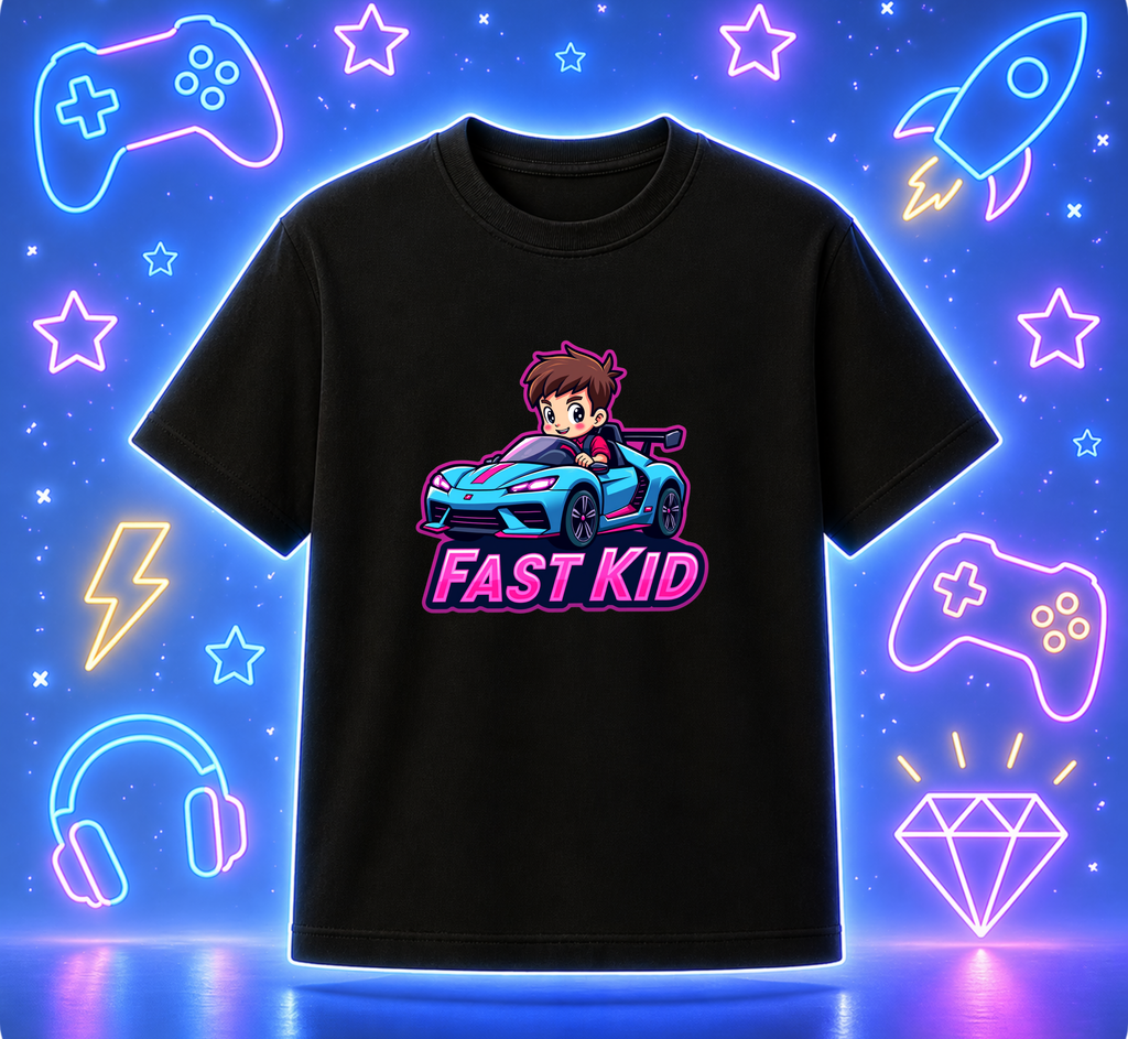D279-Youth classic tee-cartoon kid driving futuristic neon car -"FAST KID"