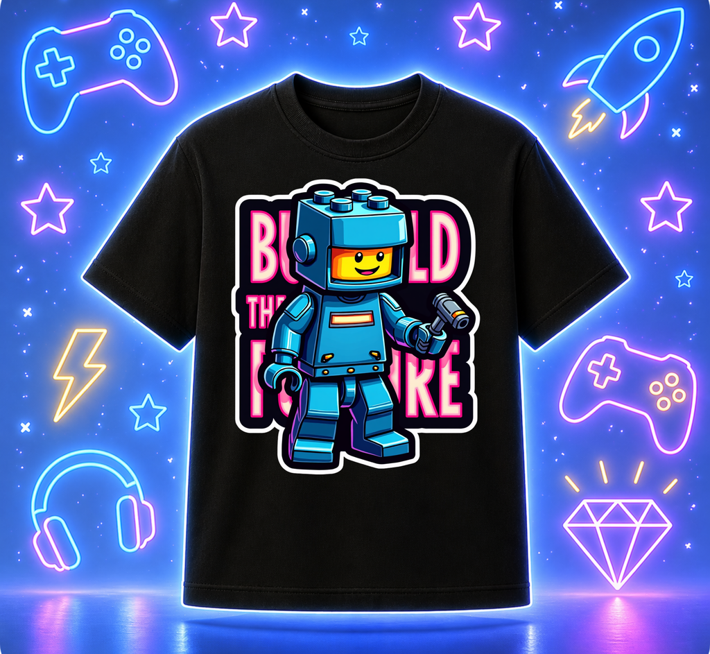 D277-Youth classic tee-blocky toy brick style kid character "BUILD THE FUTURE"