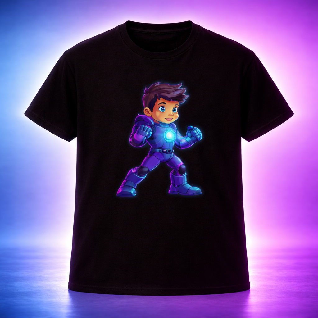 D120-Youth classic tee - gaming style kid character activating power core in chest,