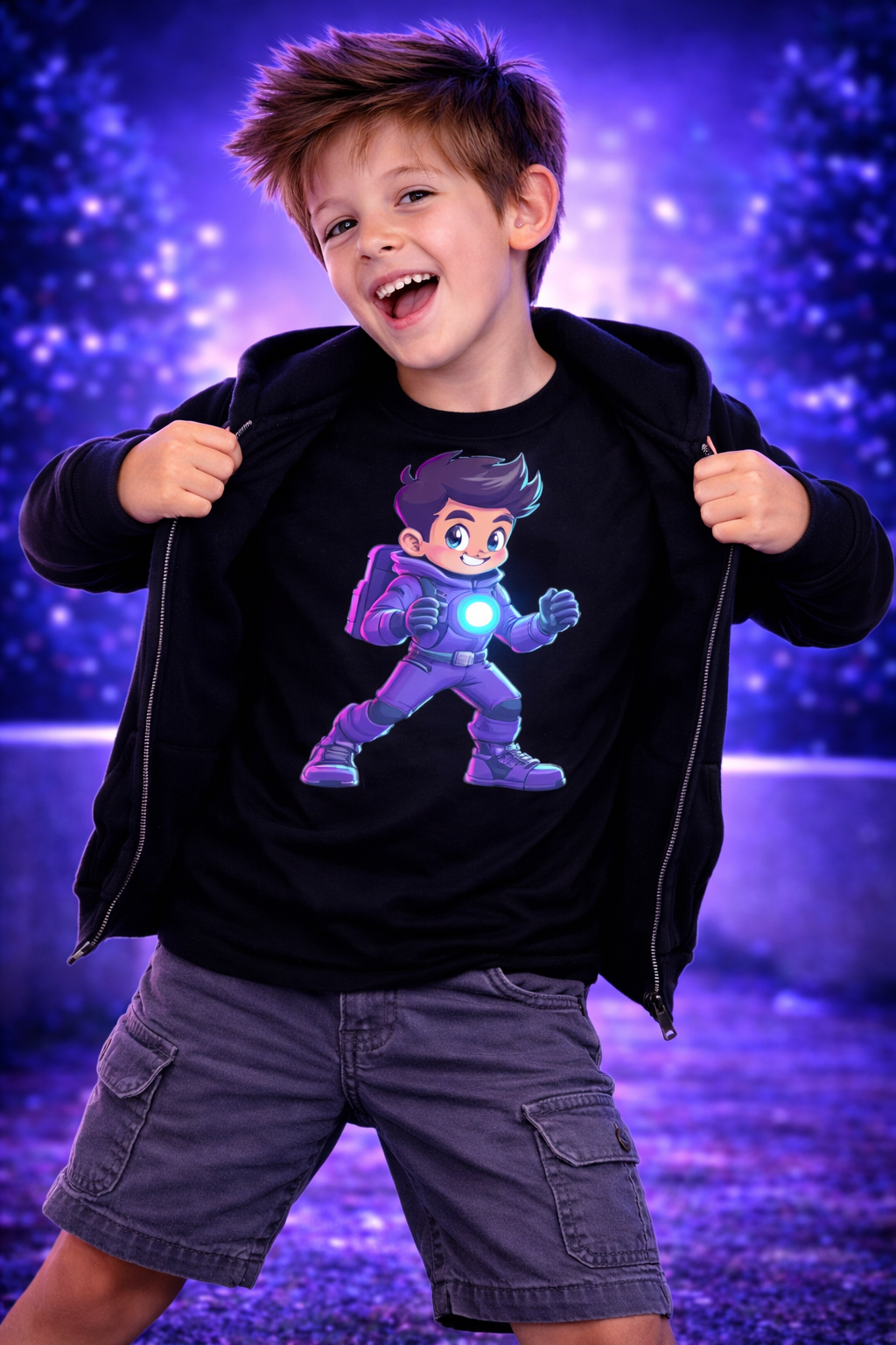 D120-Youth classic tee - gaming style kid character activating power core in chest,