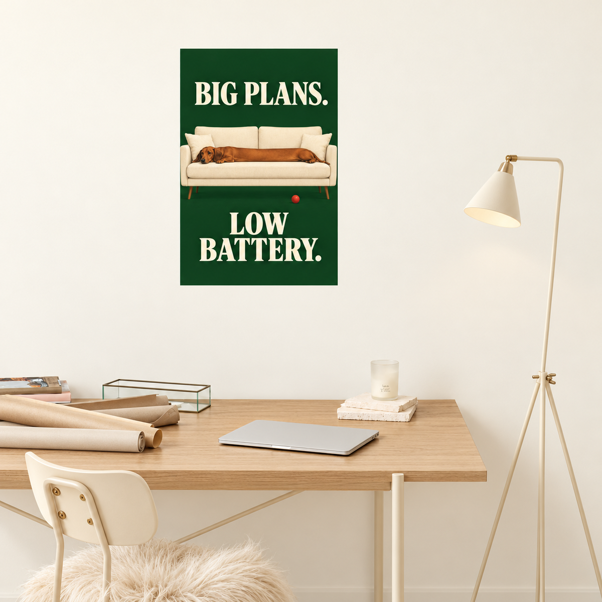 Big Plans, Low Battery – Funny Dachshund Art Print