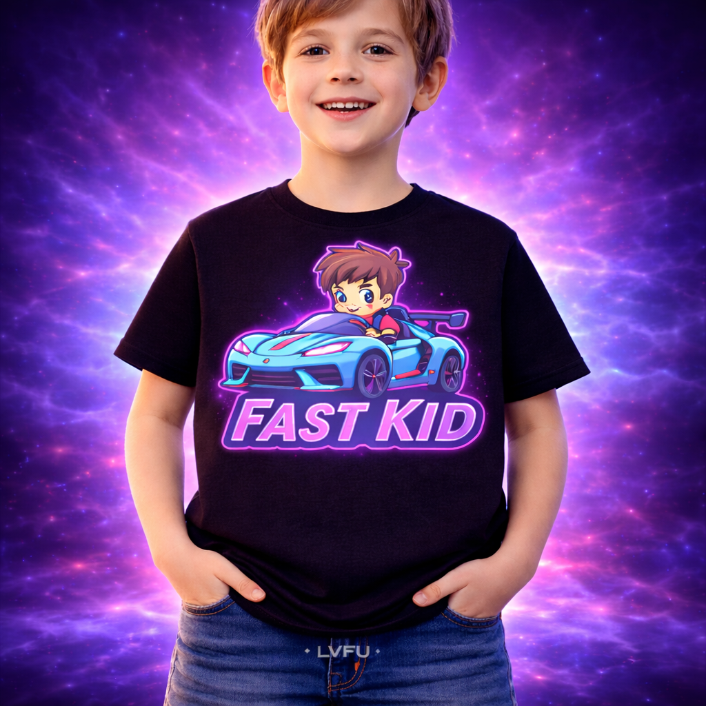 D279-Youth classic tee-cartoon kid driving futuristic neon car -"FAST KID"
