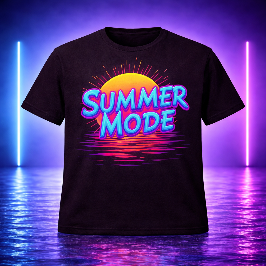 D062-Unisex t-shirt  - Futuristic neon design, bold large text "SUMMER MODE"
