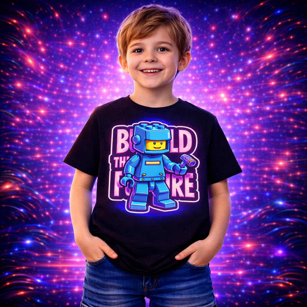 D277-Youth classic tee-blocky toy brick style kid character "BUILD THE FUTURE"