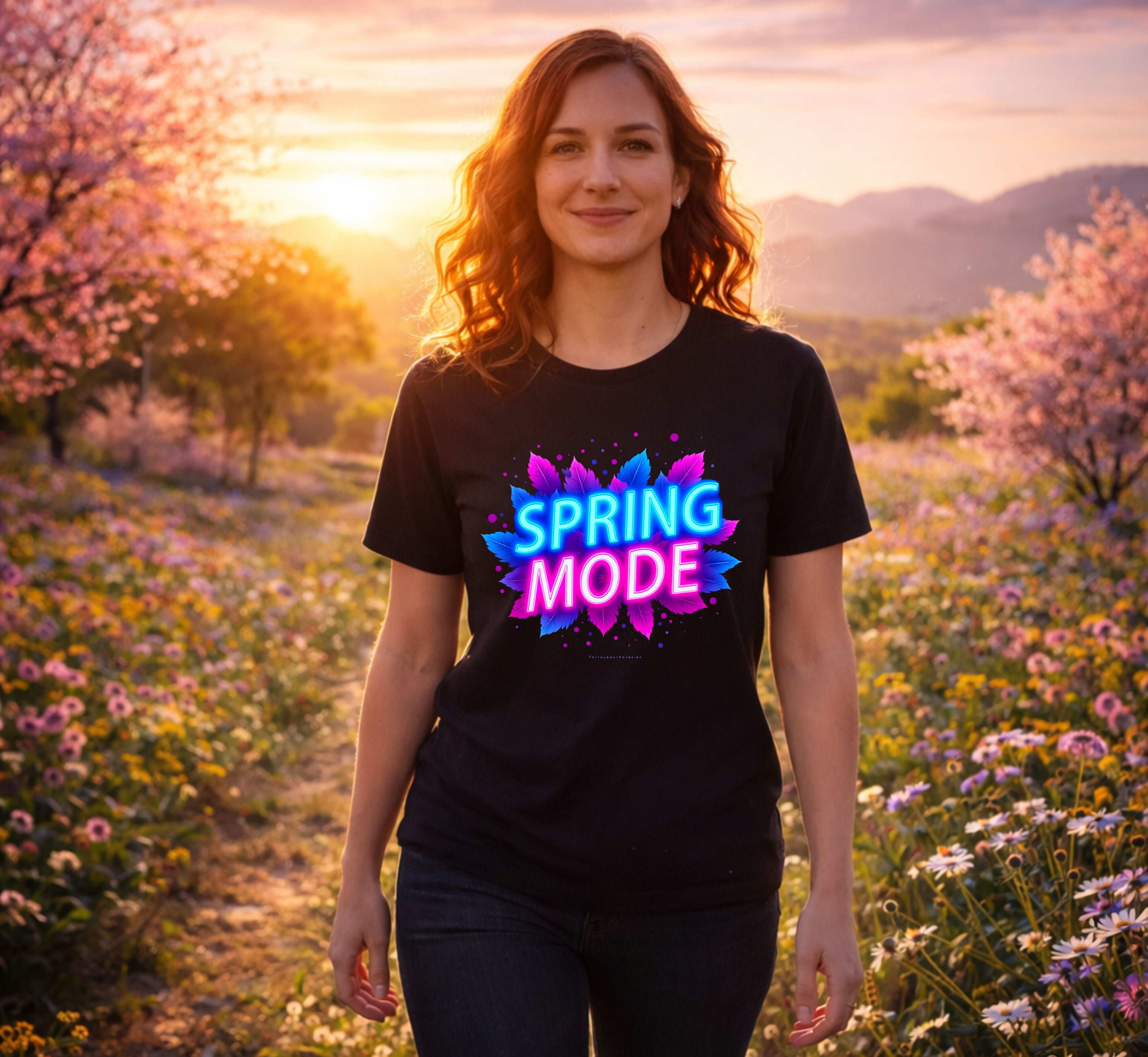 D063-Unisex t-shirt - Futuristic neon design, bold large text "SPRING MODE"