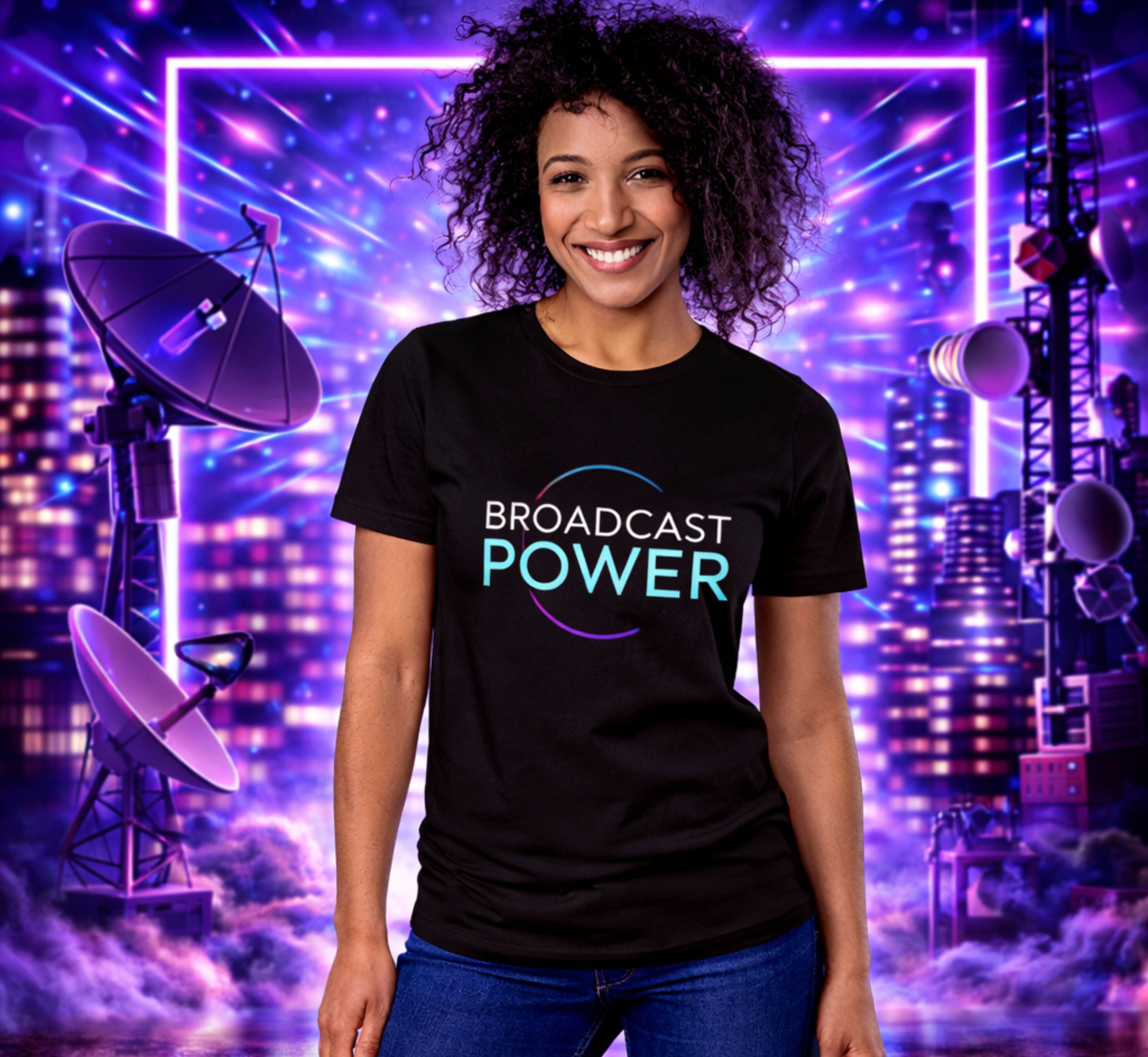 D112-Unisex t-shirt - Futuristic luxury design, bold large text "BROADCAST POWER"