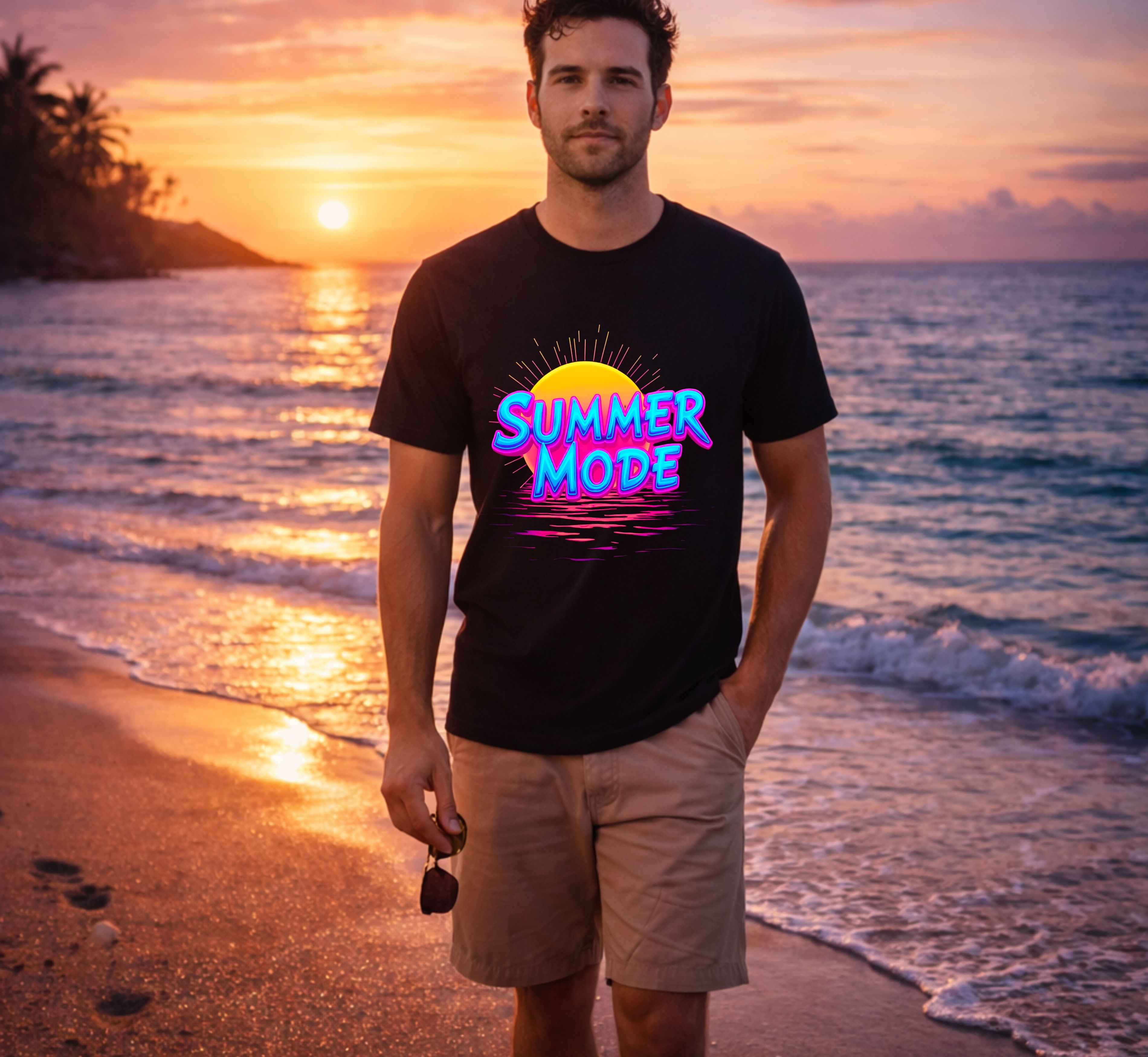 D062-Unisex t-shirt  - Futuristic neon design, bold large text "SUMMER MODE"