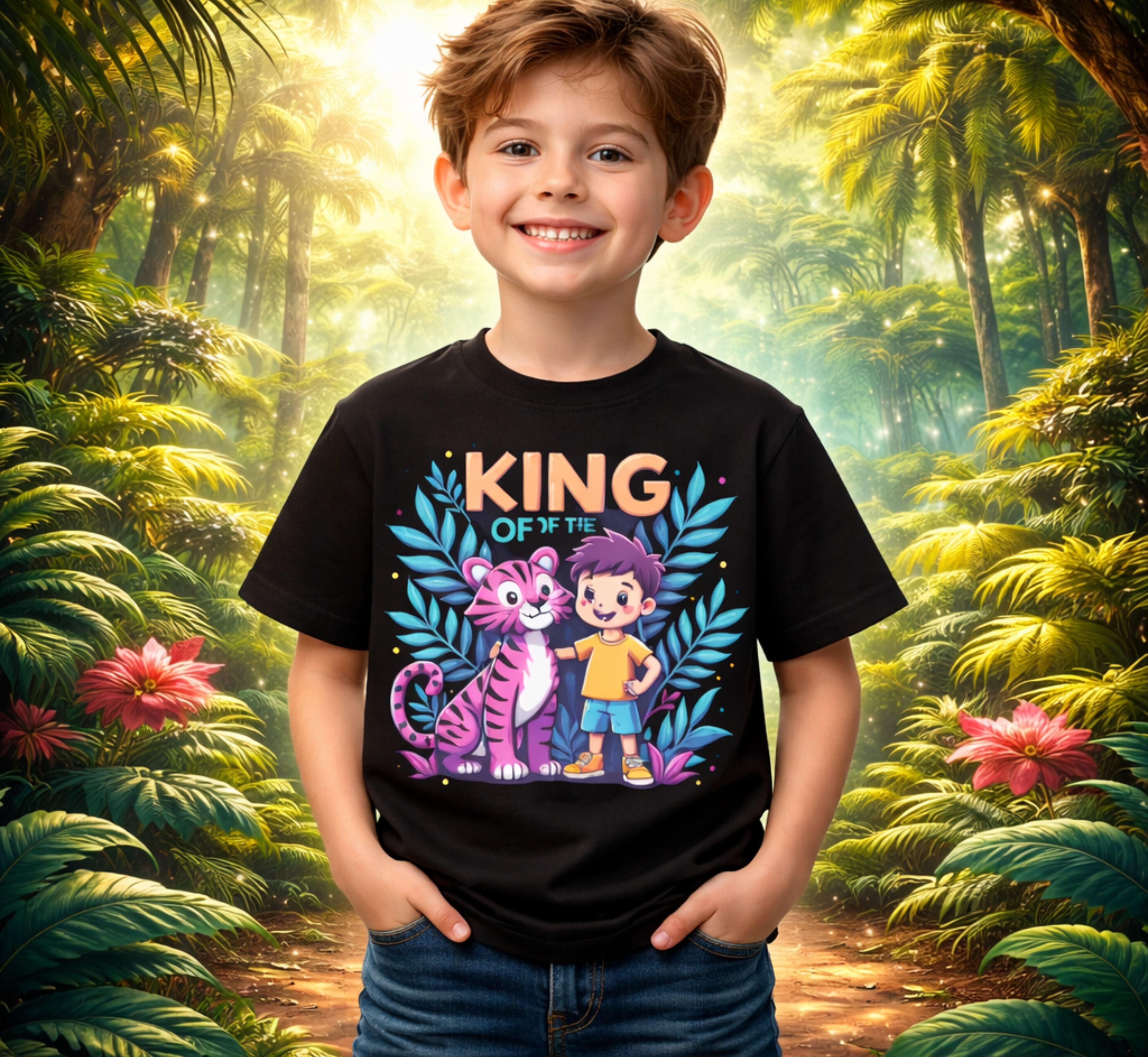 D270-Youth classic tee-cute jungle kid standing confidently with friendly tiger beside him "KING OF THE JUNGLE"