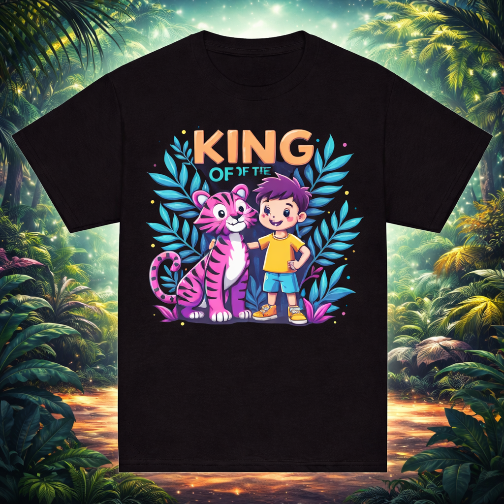 D270-Youth classic tee-cute jungle kid standing confidently with friendly tiger beside him "KING OF THE JUNGLE"