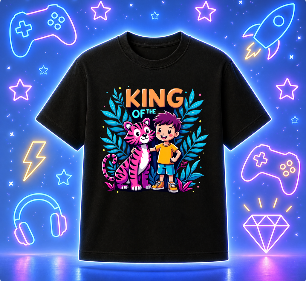 D270-Youth classic tee-cute jungle kid standing confidently with friendly tiger beside him "KING OF THE JUNGLE"