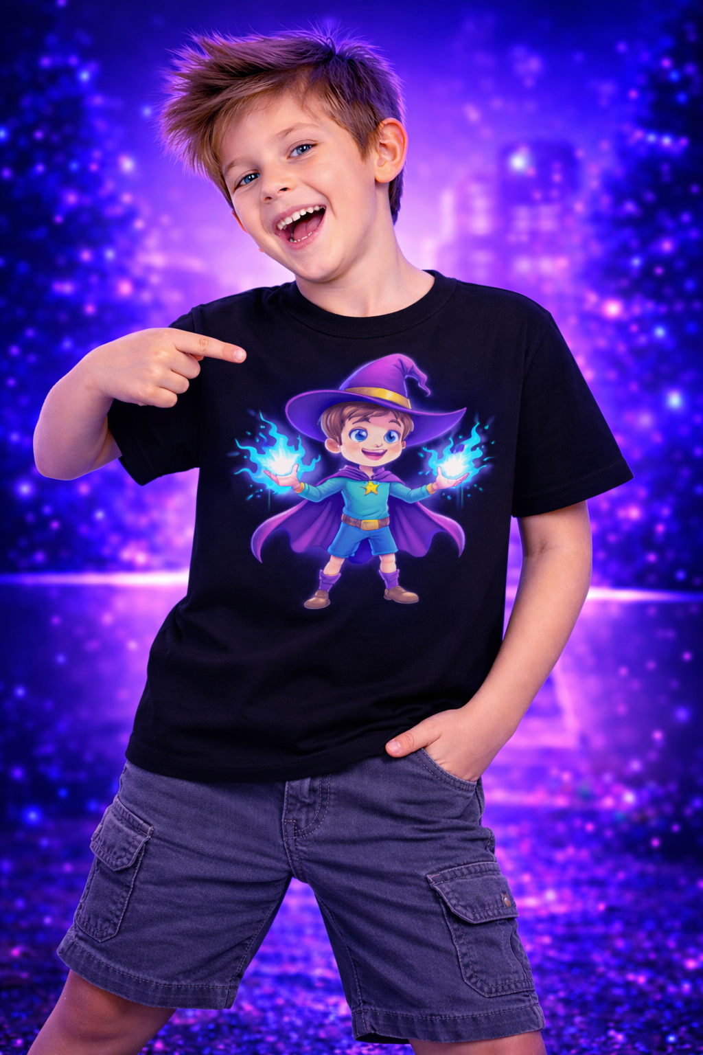 cartoon kid wizard with glowing energy core-Youth classic tee