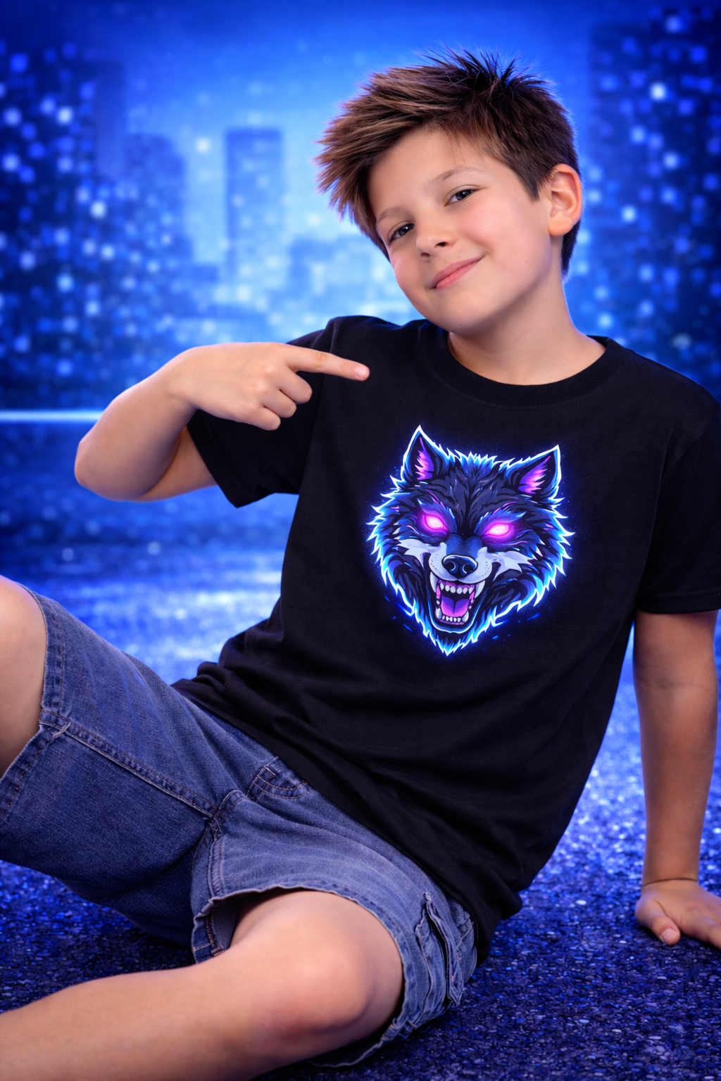 D119-Youth classic tee - "CYPERPUNK WOLF FACE" gaming mascot style