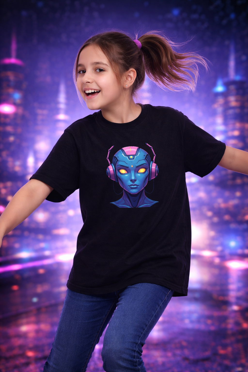 D117-Futuristic Robo Girl T-Shirt – AI Core Face Kids Tee | Cyber Tech Youth Shirt