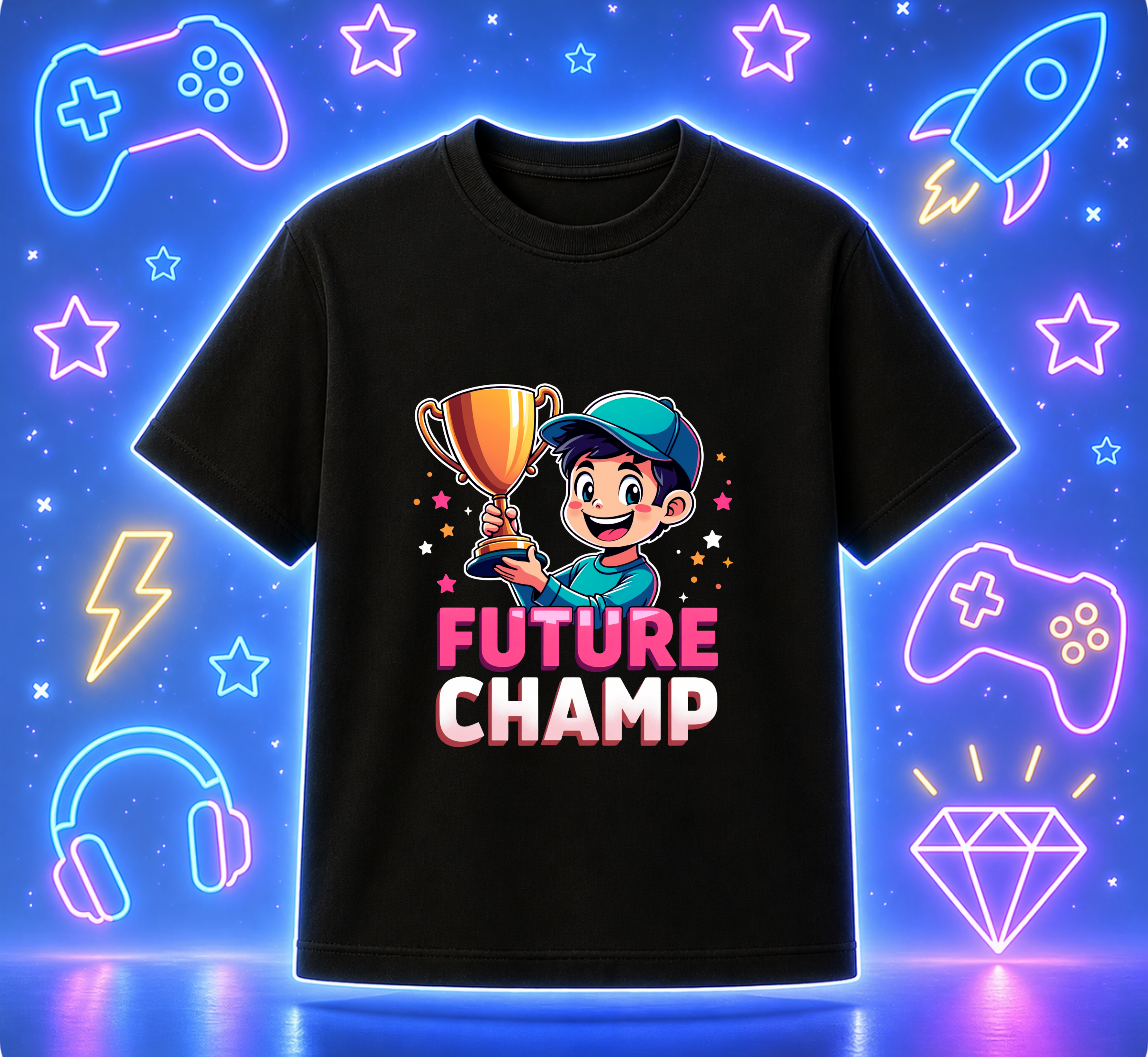 D269-Youth classic tee-cartoon kid holding futuristic trophy - "FUTURE CHAMP"