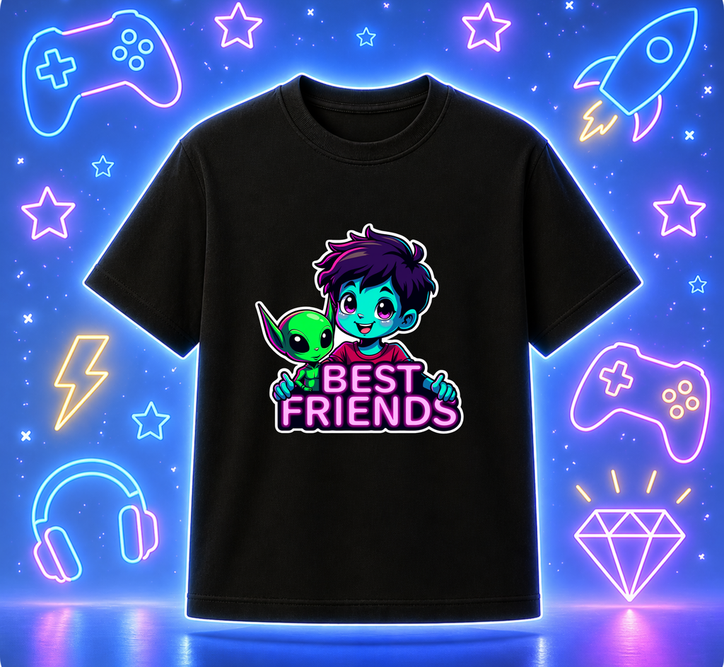 D268-Youth classic tee-cute kid with small friendly alien "BEST FRIENDS"