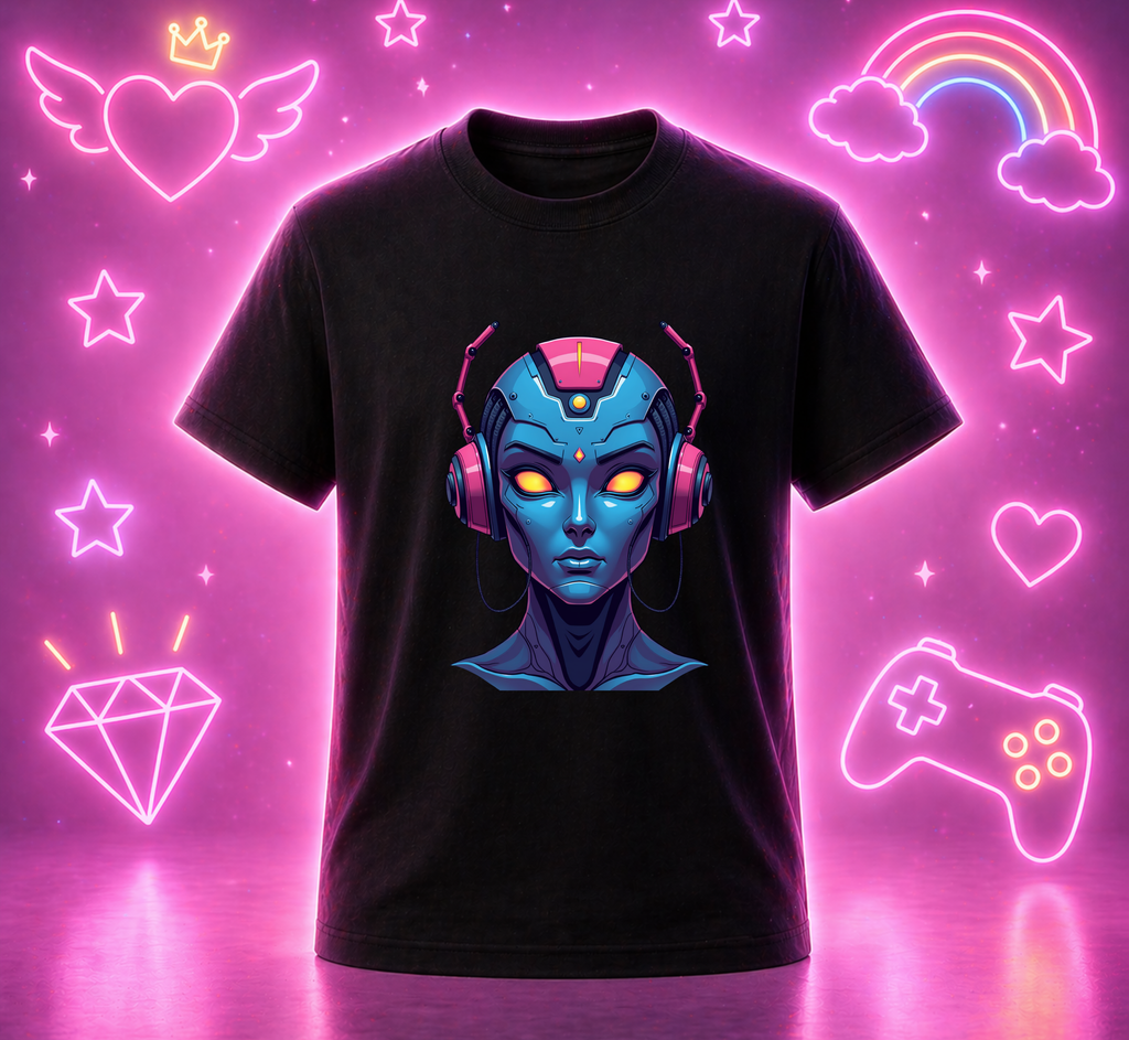 D117-Futuristic Robo Girl T-Shirt – AI Core Face Kids Tee | Cyber Tech Youth Shirt