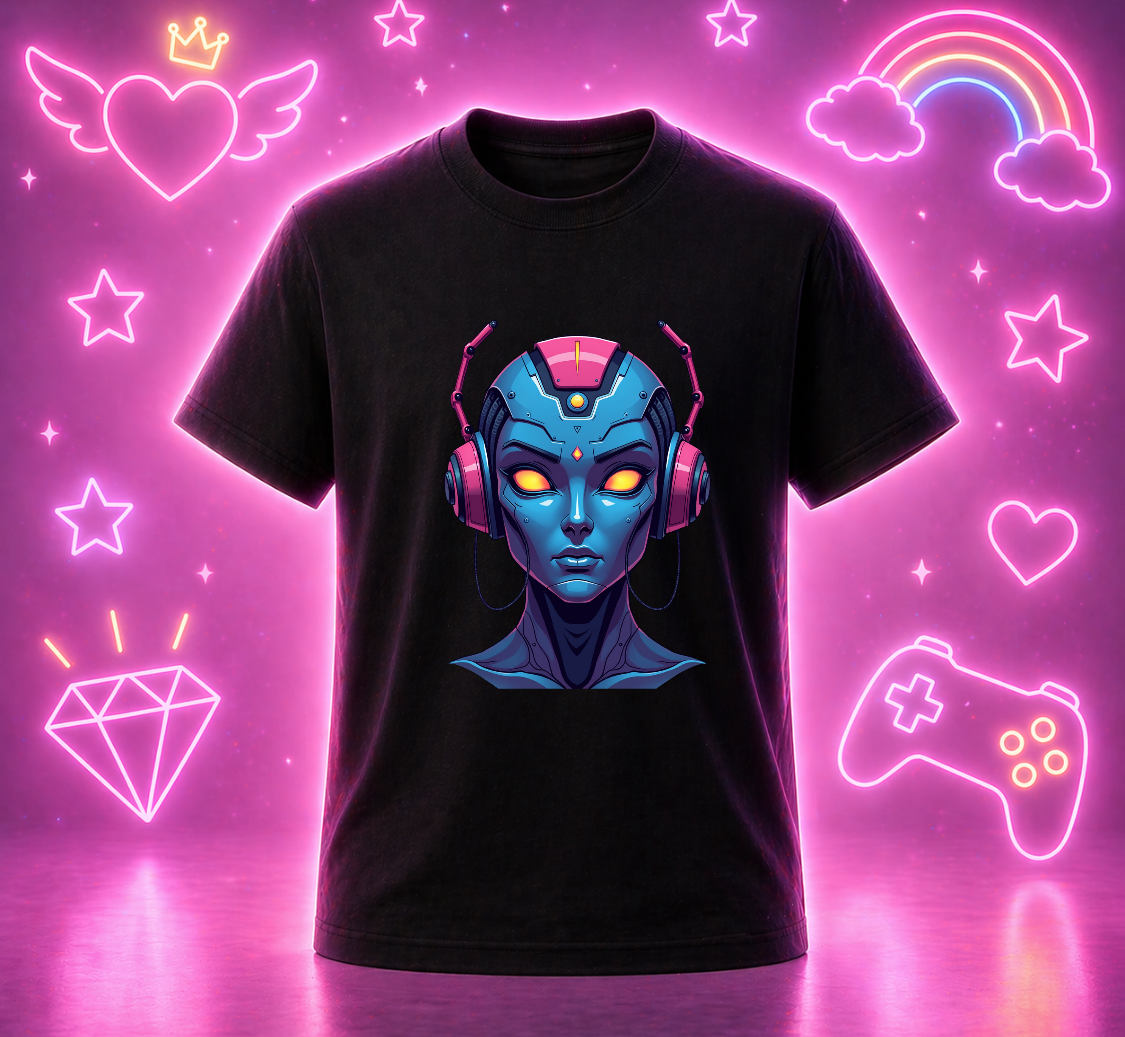 D117-Futuristic Robo Girl T-Shirt – AI Core Face Kids Tee | Cyber Tech Youth Shirt