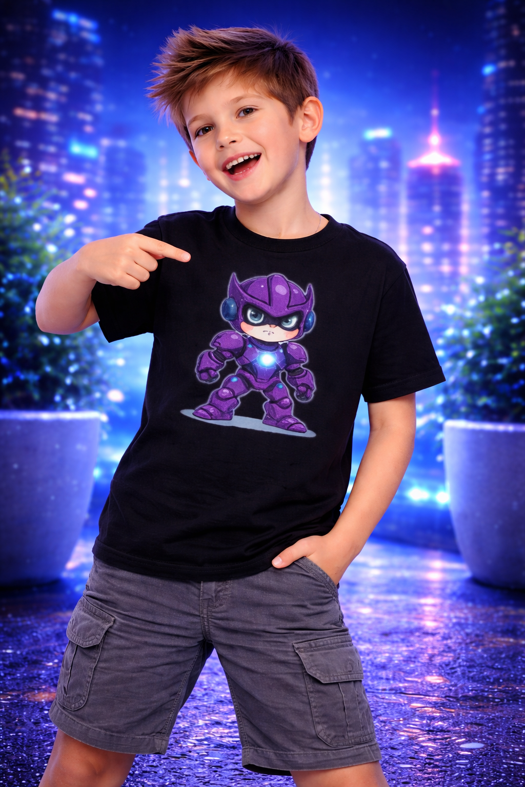 Cute futuristic guardian kid with glowing chest core Tee.