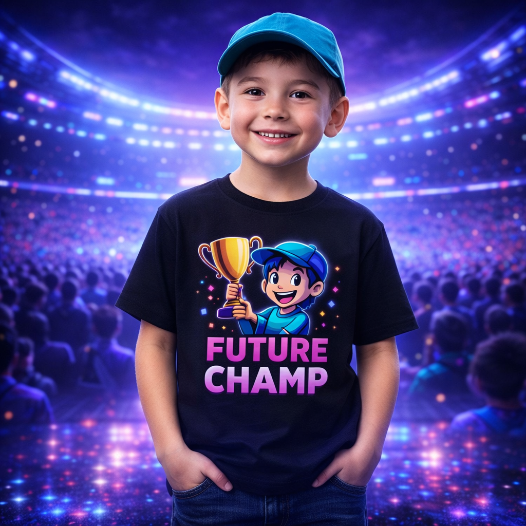 D269-Youth classic tee-cartoon kid holding futuristic trophy - "FUTURE CHAMP"