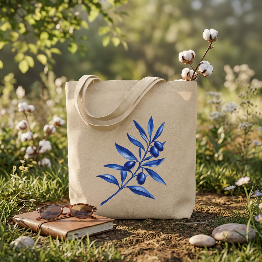 Cobalt Olive Branch – Organic Cotton Tote Bag