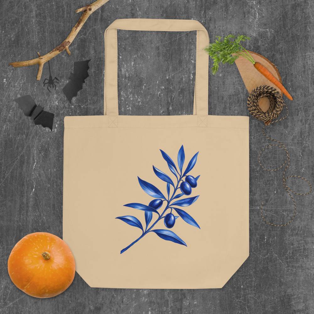 Cobalt Olive Branch – Organic Cotton Tote Bag