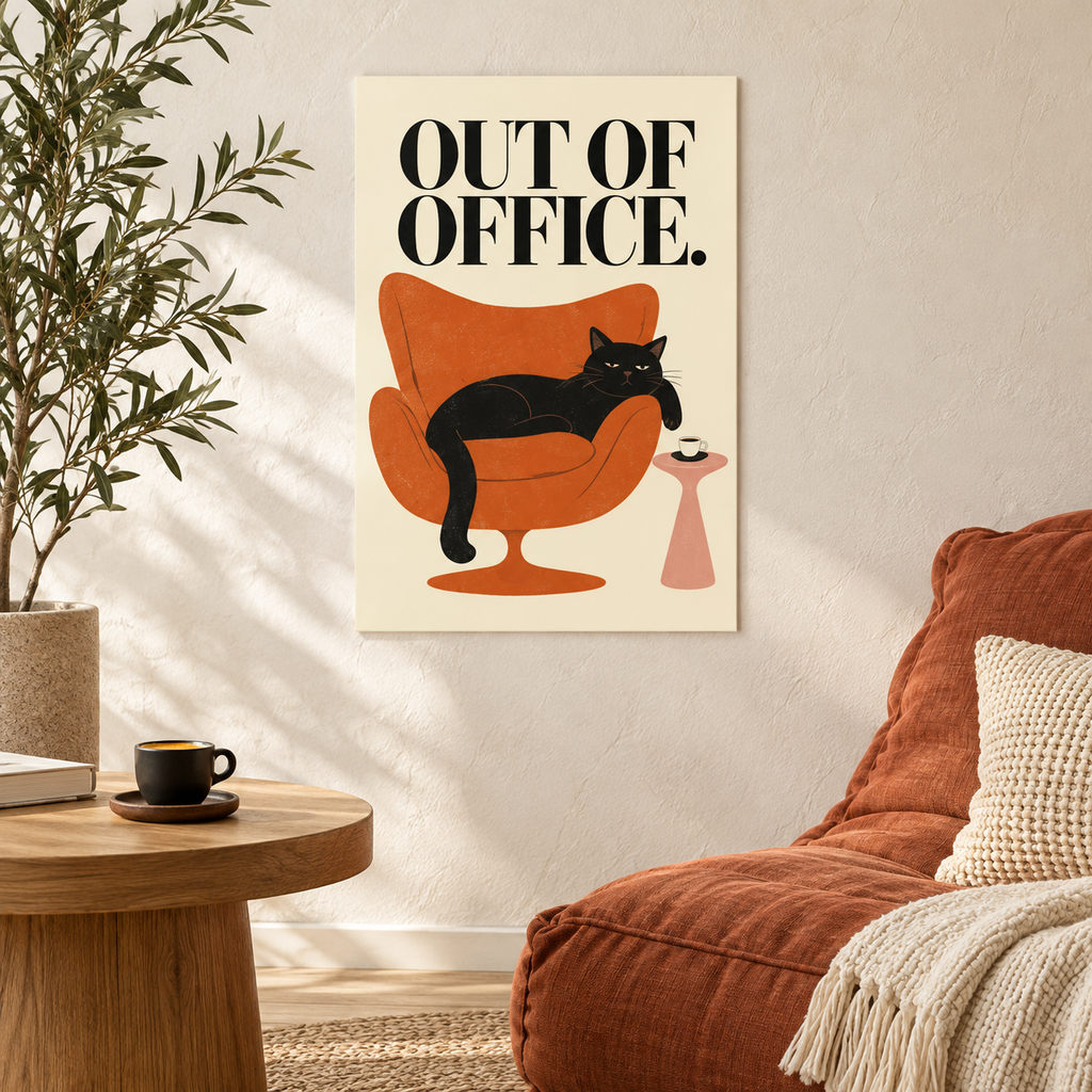 Out of Office – Black Cat & Espresso Art Print