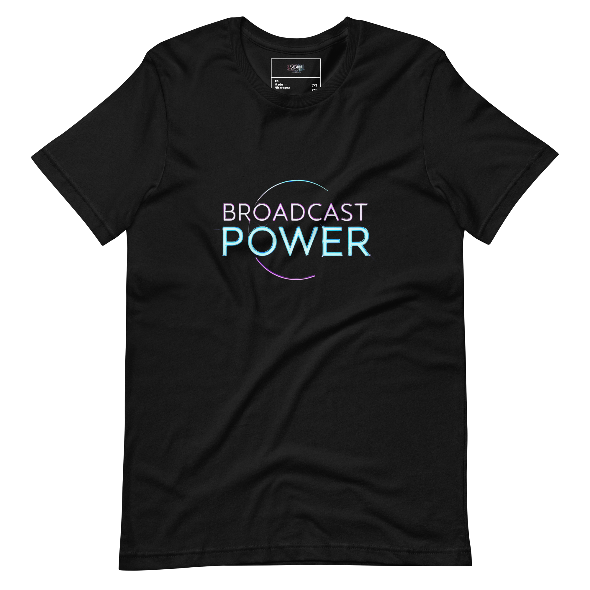 D112-Unisex t-shirt - Futuristic luxury design, bold large text "BROADCAST POWER"