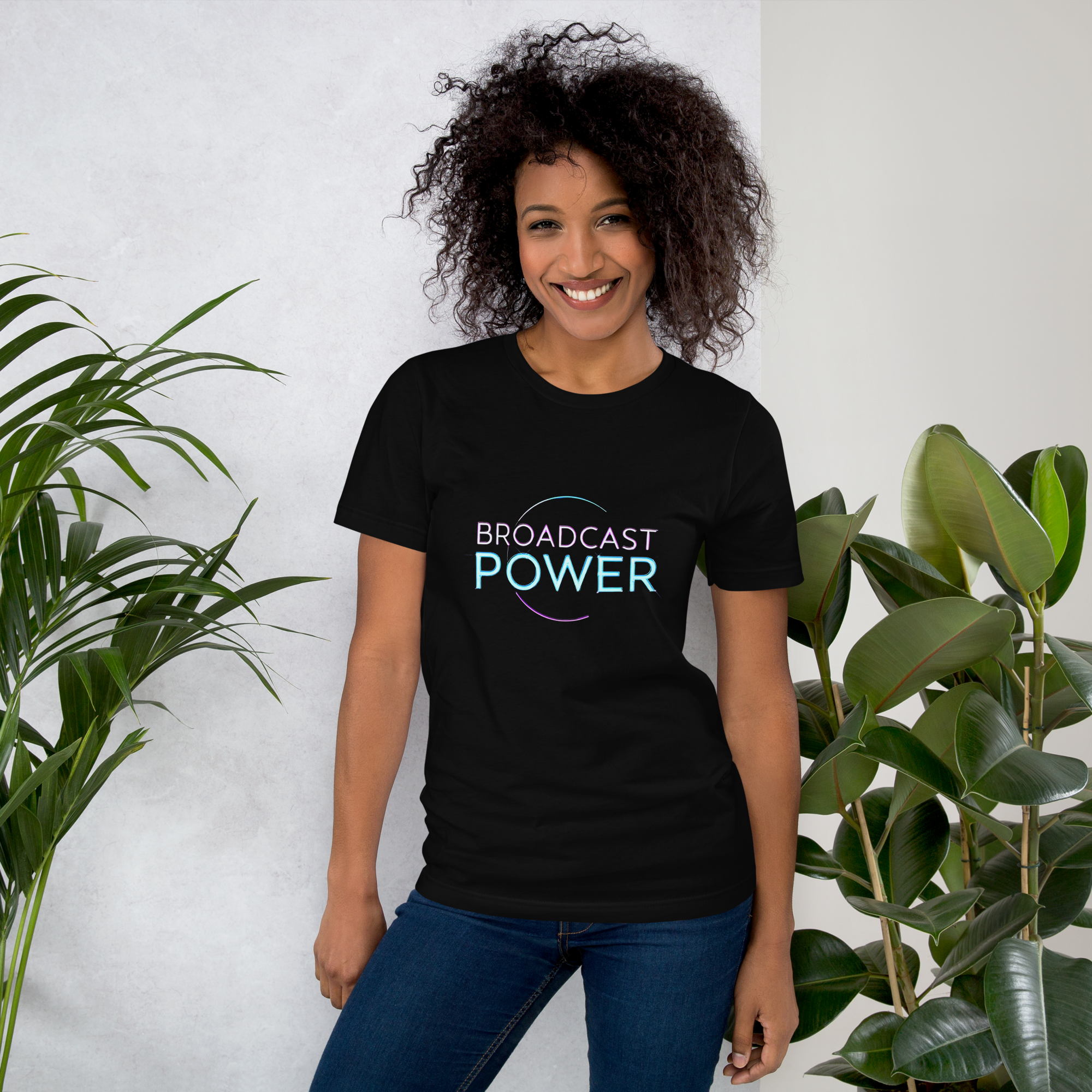 D112-Unisex t-shirt - Futuristic luxury design, bold large text "BROADCAST POWER"